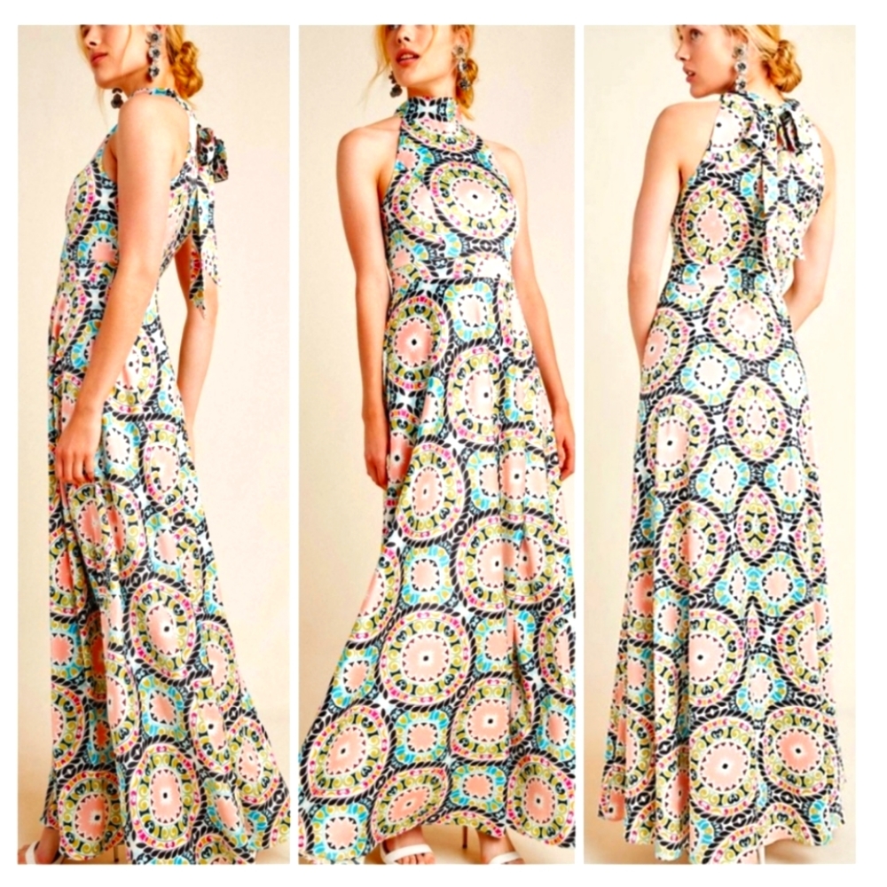 NICOLE MILLER HALTER SERENA MAXI DRESS NEW SPRING GOEMERTRIC PRINT ANTHROPOLOGIE